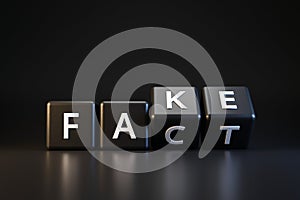 Black dice and fact or fake with April fools day concept on dark background. Misleading and changing communication. April fools