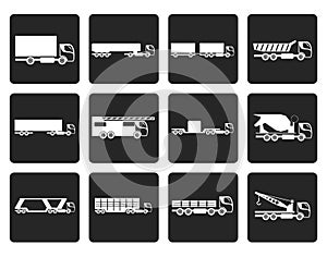 Black different types of trucks and lorries icons