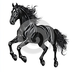 This black digital artwork showcases a dynamic galloping horse in silhouette set against the backdrop of an open field photo