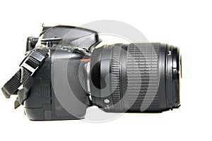 Black digital camera isolated on white background