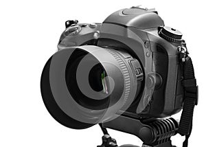 Black digital camera isolated on white background