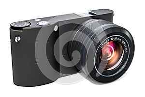 Black digital camera, mirrorless interchangeable-lens camera. 3D rendering