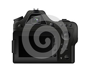 Black digital camera template. Professional gadget with push button settings interface