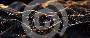 Black digital data background, futuristic wavy surface with lights and gold dots in abstract network space. Concept of future, ai