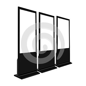 Black Digital Signages With Blank Screens, Side Perspective View.