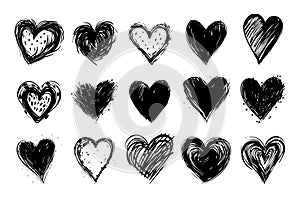 Black dirty hearts collection. Brush drawing heart, isolated romantic and love symbols. Vector valentines day grunge