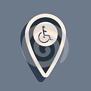 Black Disabled Handicap in map pointer icon isolated on grey background. Invalid symbol. Wheelchair handicap sign. Long