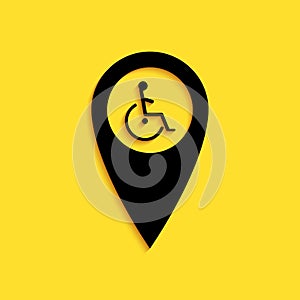 Black Disabled Handicap in map pointer icon isolated on yellow background. Invalid symbol. Wheelchair handicap sign