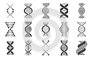 Black dna icons. Biotechnology and molecular biology abstract symbols, spiral genetic molecule sequence code for