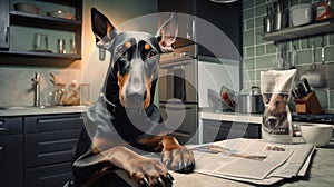 Black doberman dog reading and holding a newspaper