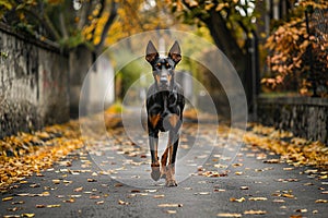 Black Doberman Pinscher walking on a leaf-strewn path., Generated AI