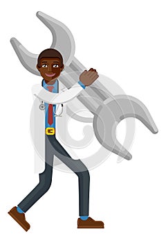 Black Doctor Man Holding Spanner Wrench Mascot