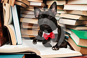 Black dog with bow reading book in library