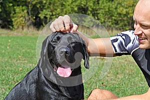 Black dog with boy