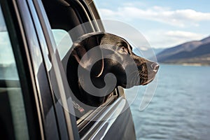 Black dog breed Labrador looking out of car window at seascape, concept of traveling with pets