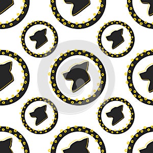 Black Dog icon seamless pattern isolated on white background. Silhouette dog in round frame with animal paws print. Design for