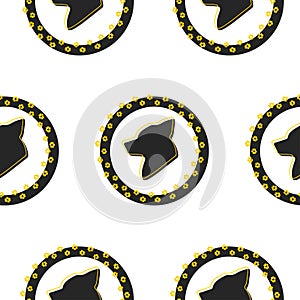 Black Dog icon seamless pattern isolated on white background. Silhouette dog in round frame with animal paws print. Design for