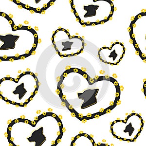 Black Dog icon seamless pattern on white background. Silhouette dog in heart frame with animal paws print. Design for holiday card