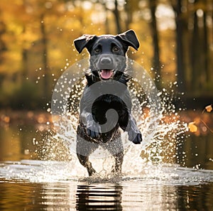 A black dog is jumping into the water with his tongue out