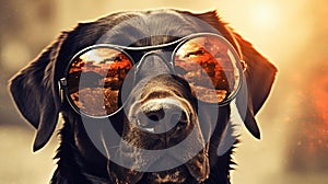 Black dog portrait with reflective sunglasses