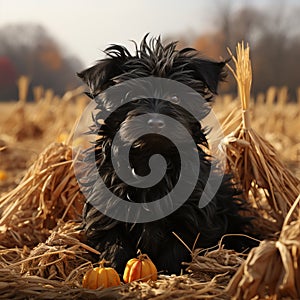 black dog of the Puli breed, or Hungarian Shepherd. An animal with unusual hair in the form of dreadlocks.