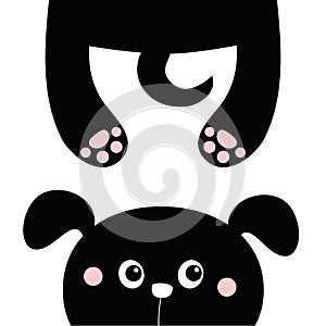 Black dog puppy. Funny face head silhouette looking up. Hanging fat body with paw print, tail. Cute cartoon character. Kawaii pet