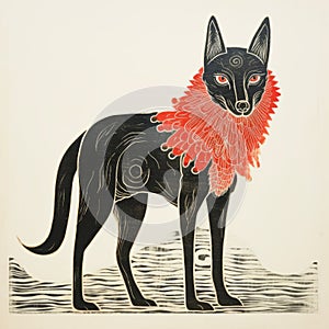 Black Dog With Red Flower Collar: A Minimalist Woodblock Print Illustration