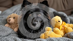 A black dog with shiny fur lying among cuddly teddy bears, looking up with alert, engaging eyes