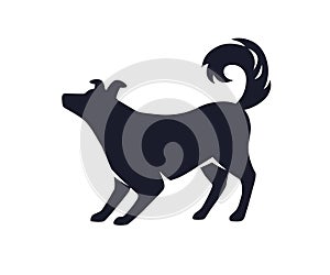 Black dog silhouette. Puppy shape, shadow, side view. Canine animal profile, standing with tail up. Pup, doggy symbol