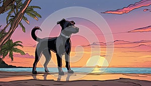 A black dog standing on a beach at sunset