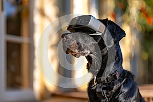 A black dog wearing a virtual reality headset. Generative AI