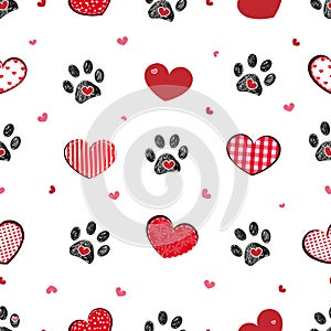Black doodle paw print with retro beautiful hearts