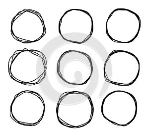 Black doodle sketched circles collection. Grunge round shape set. Hand drawn scribble rings. Vector isolated design