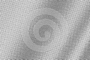 Black dots on white background. Smooth perforated surface. Centered halftone vector texture. Diagonal dotwork gradient