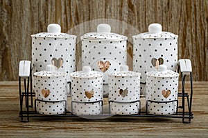 Black Dotted White Porcelain Spice Jars with Heart Pattern