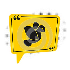 Black Dove icon isolated on white background. Yellow speech bubble symbol. Vector