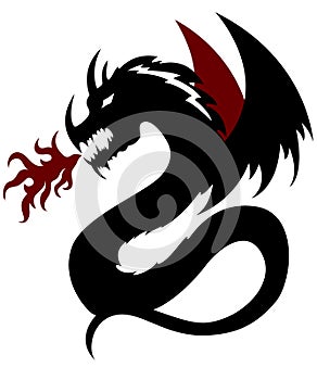 Black dragon with dark red flame illustration