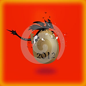 Black dragon and gold egg on a red background