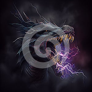 Black dragon head in lightning storm. AI generative