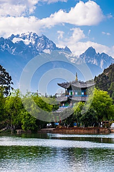 The black dragon pool in front of Jade dragon Snow Mountain the snow mountain in Lijiang, Yunnan, China