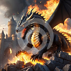 Black dragon roaring and spreading wings in fire