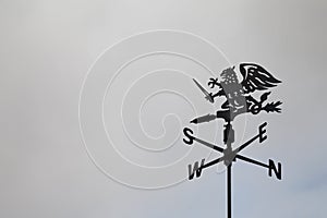 Black dragon wind vane against the sky. Weather vane. Compass points