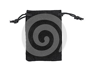 Black drawstring bag packaging isolated on white background. Drawstring bag isolated