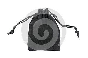 Black drawstring bag packaging isolated on white background. Drawstring bag isolated