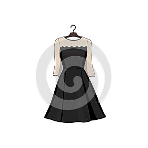 Black dress on hanger. Vector illustration. Fashion elegant clothing. Women clothes graphic isolated clip art