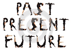 Black dressed people forming PAST PRESENT FUTURE