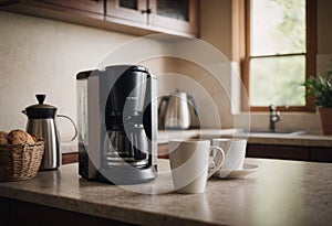A black drip electric coffee machine with a glass teapot brews a morning drink. Household appliances, a white cup and a