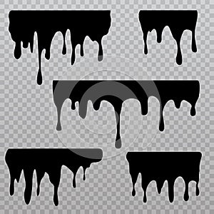 Black dripping liquid silhouettes isolated on checkered background. Oil splash and trickle leak sings