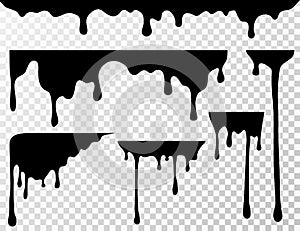Black dripping oil stain, liquid drips or paint current vector ink silhouettes isolated