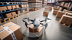 A black drone for delivery in a modern warehouse with cardboard boxes